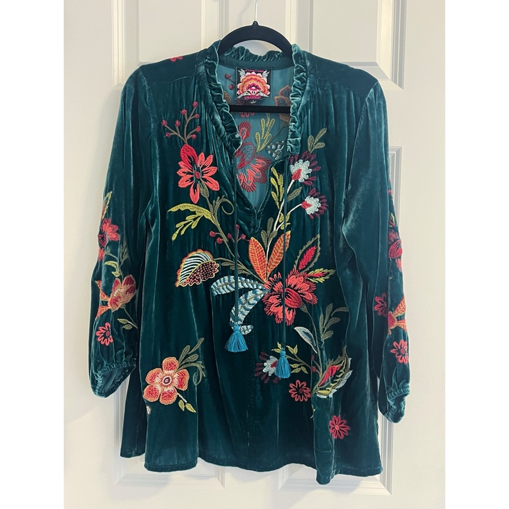 Johnny Was Teal Floral Embroidered Blouse - Picture 6 of 8